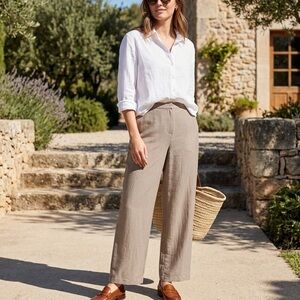 Eileen Fisher Linen & Silk Light Taupe Wide-Leg Pants Old Money Quiet Luxury EUC